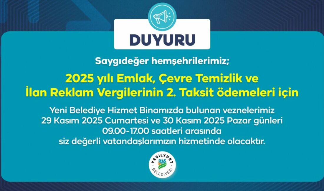 Yeşilyurt Belediyesi, vergi ödemelerinde yoğunluğu azaltmak için vezneleri 29–30 Kasım’da