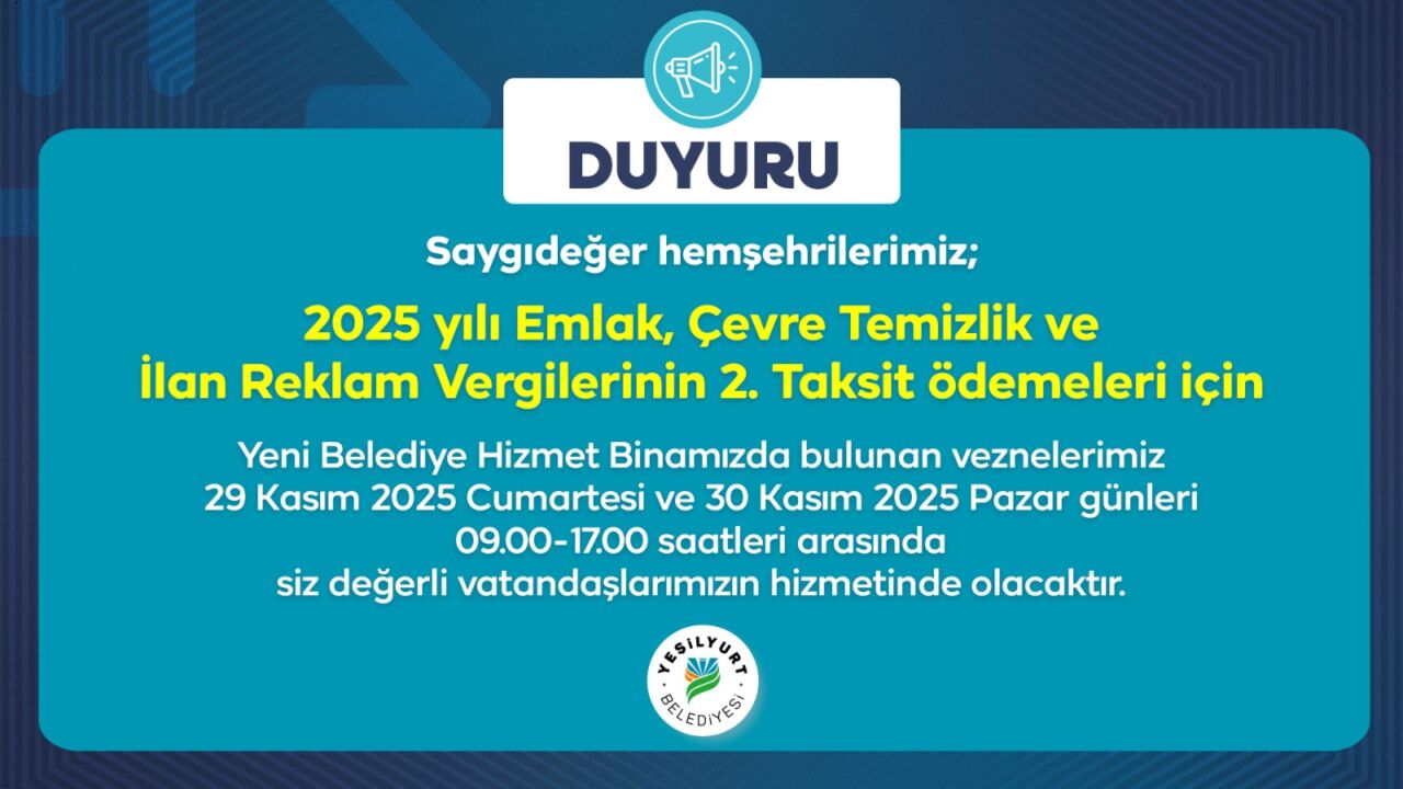 Yeşilyurt Belediyesi, vergi ödemelerinde yoğunluğu azaltmak için vezneleri 29–30 Kasım’da