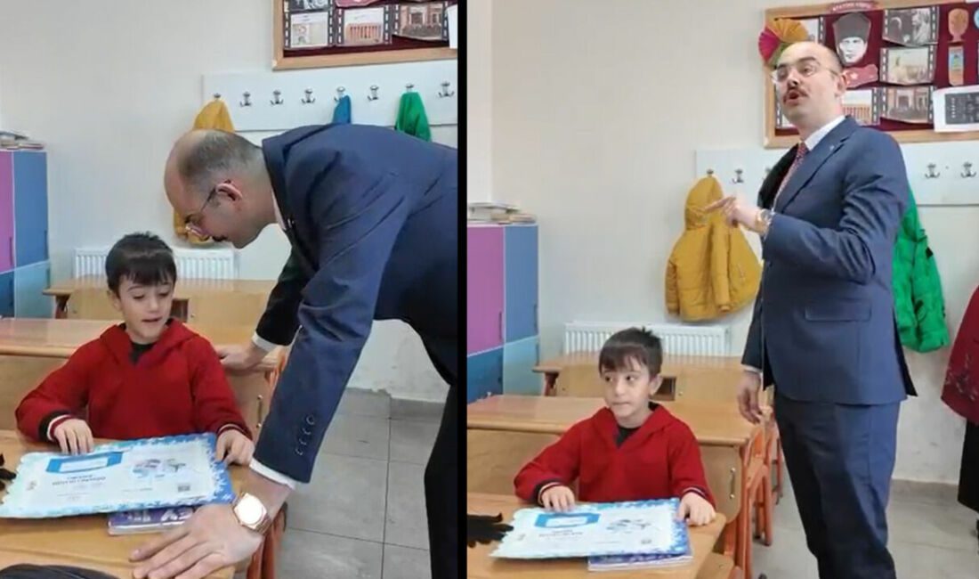 Malatya’nın Doğanşehir ilçesinde düzenlenen karne dağıtım programında ilkokul öğrencisi Rüzgar,
