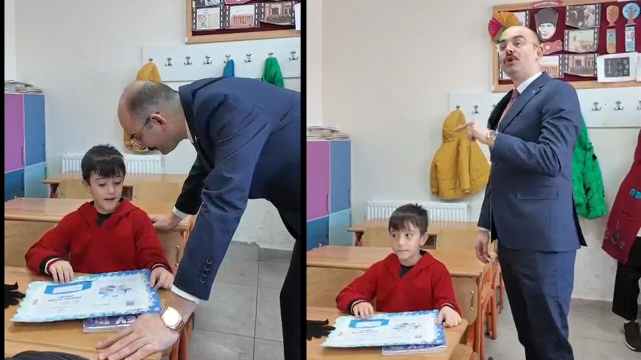 Malatya’nın Doğanşehir ilçesinde düzenlenen karne dağıtım programında ilkokul öğrencisi Rüzgar,