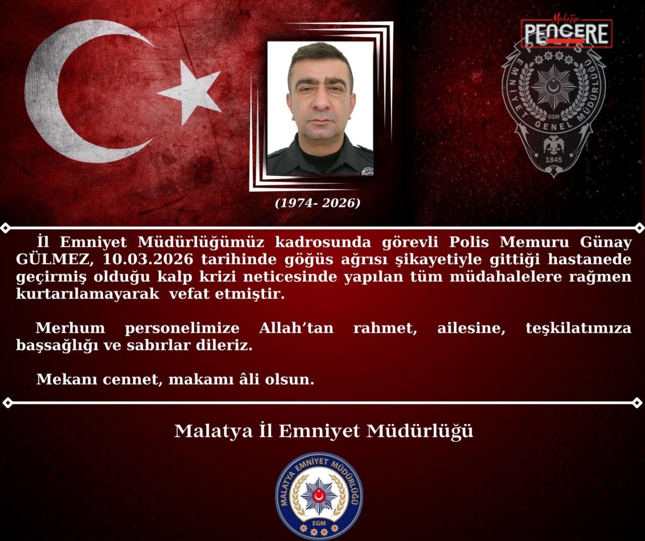 Malatya İl Emniyet Müdürlüğü kadrosunda görev yapan 52 yaşındaki polis