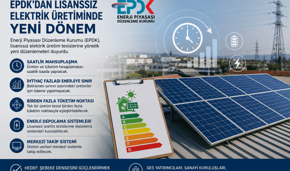 EPDK’dan Lisanssız Elektrik Üretiminde Yeni Dönem Enerji Piyasası Düzenleme Kurumu (EPDK), lisanssız elektrik üretim tesislerine yönelik